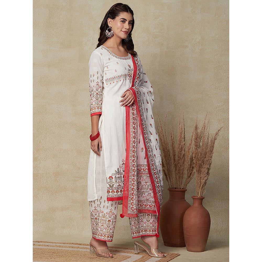 FASHOR Floral Printed Kurta with Palazzo & Dupatta- White (Set of 3)