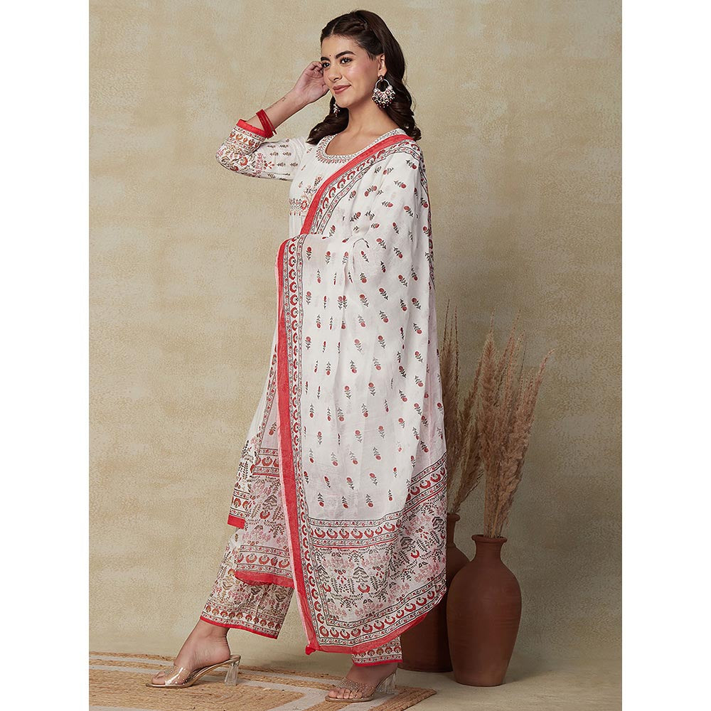 FASHOR Floral Printed Kurta with Palazzo & Dupatta- White (Set of 3)