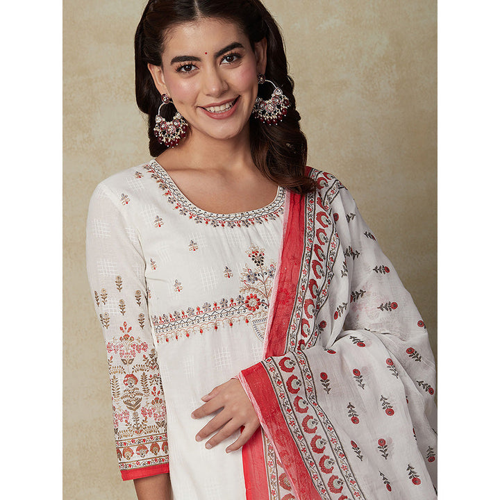 FASHOR Floral Printed Kurta with Palazzo & Dupatta- White (Set of 3)