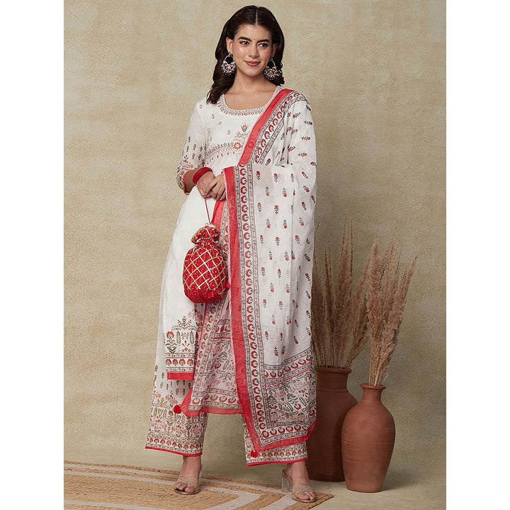 FASHOR Floral Printed Kurta with Palazzo & Dupatta- White (Set of 3)