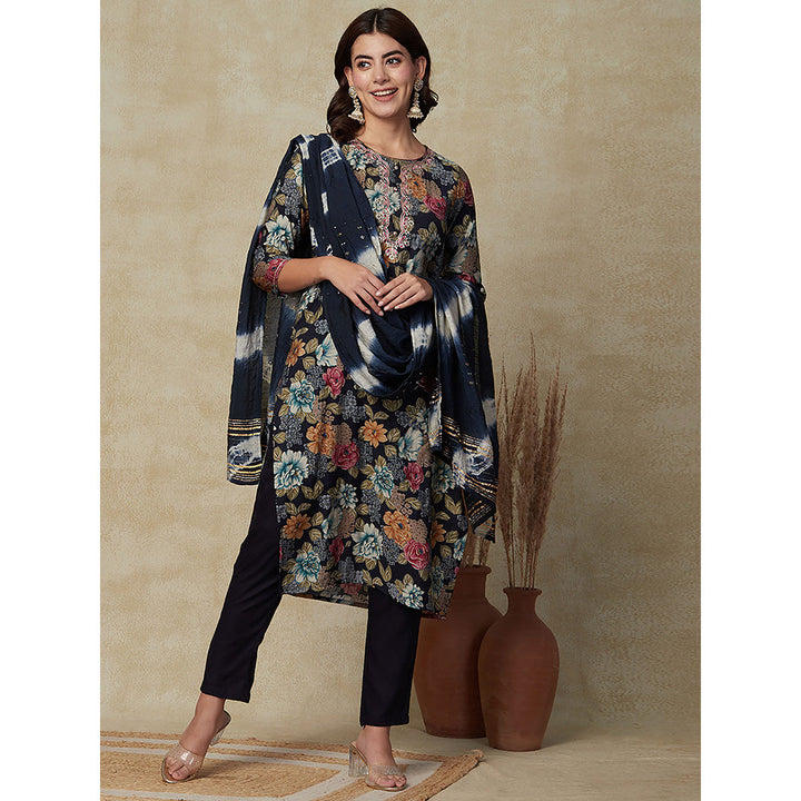 FASHOR Floral Printed Kurta with Pants & Dupatta- Blue (Set of 3)