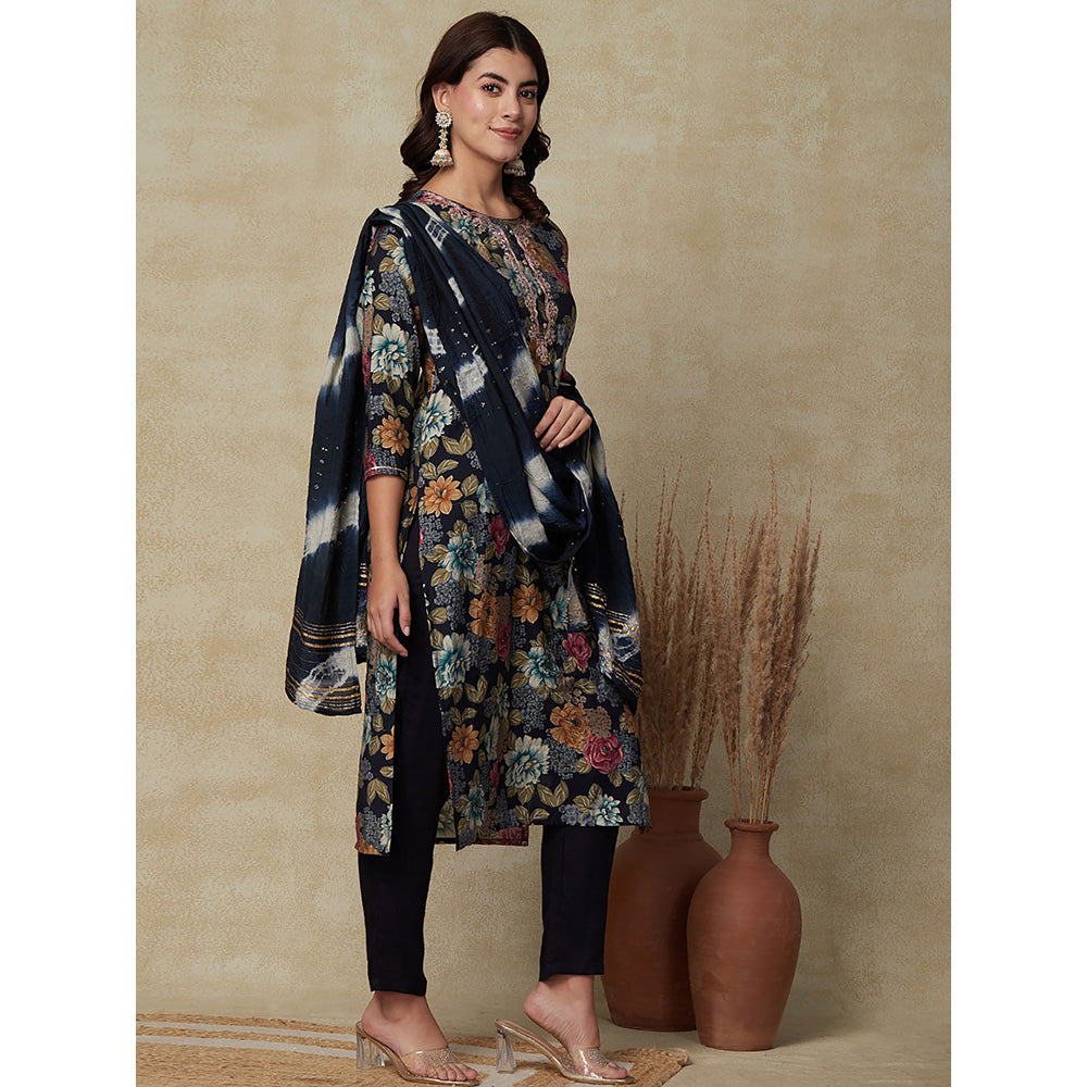 FASHOR Floral Printed Kurta with Pants & Dupatta- Blue (Set of 3)