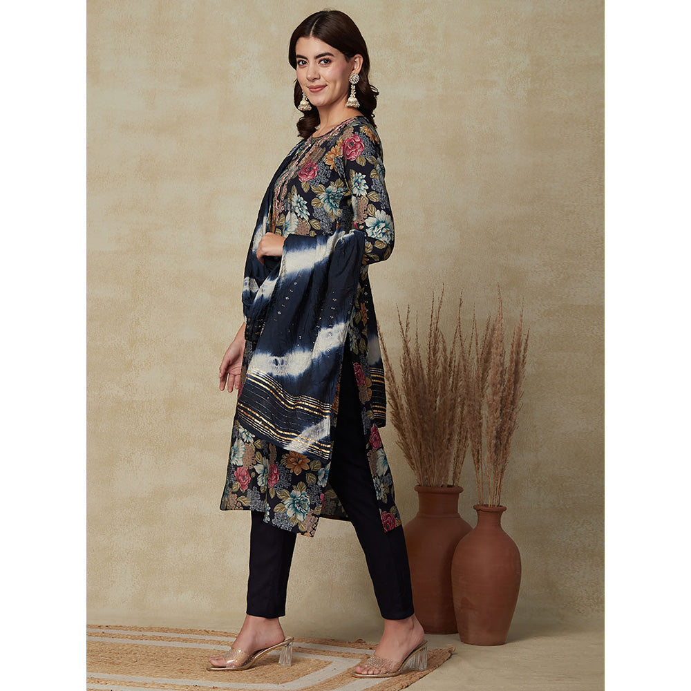 FASHOR Floral Printed Kurta with Pants & Dupatta- Blue (Set of 3)