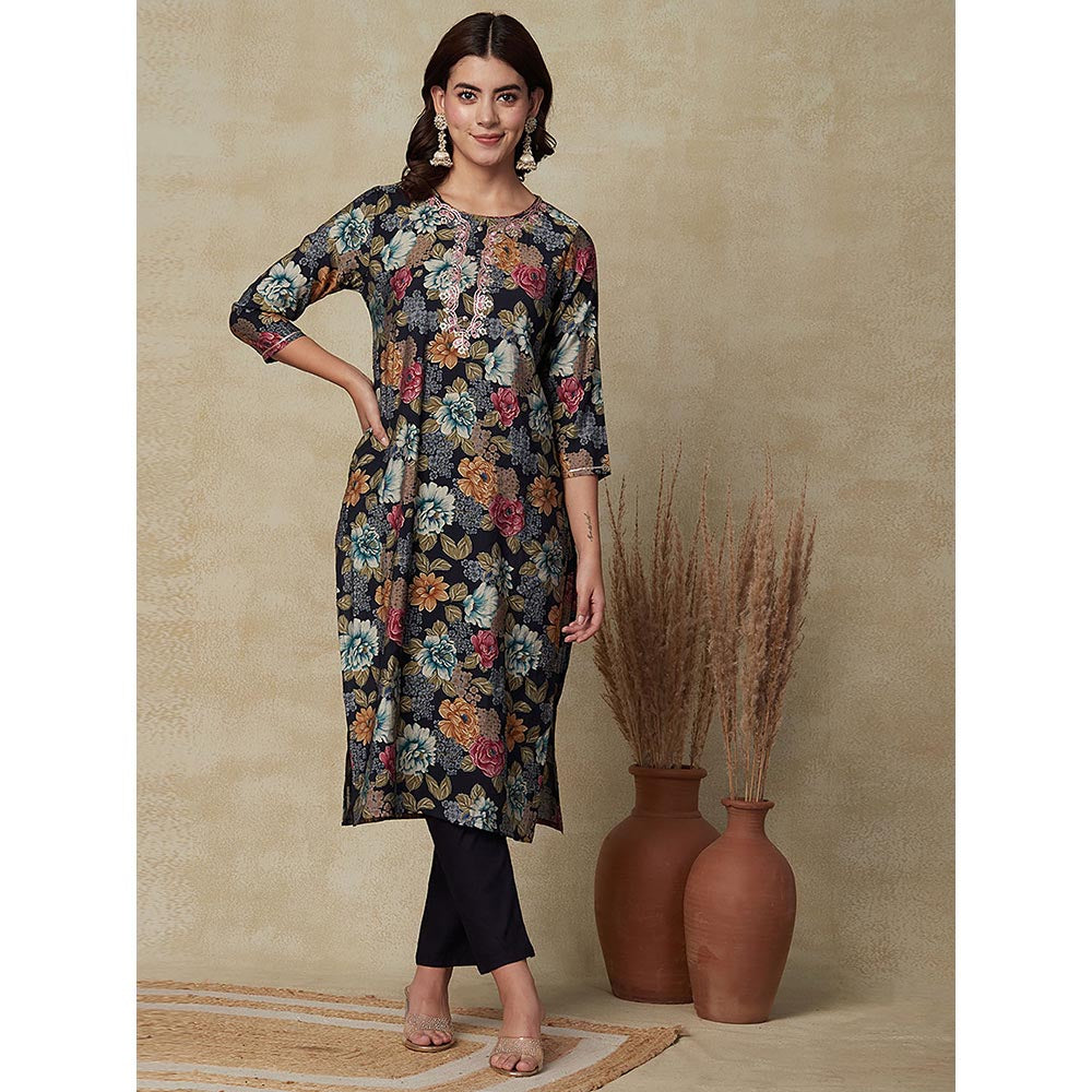 FASHOR Floral Printed Kurta with Pants & Dupatta- Blue (Set of 3)