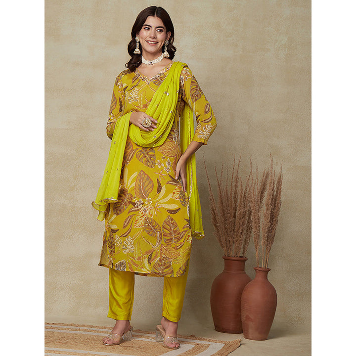 FASHOR Floral Printed Kurta with Pant & Dupatta- Yellow (Set of 3)