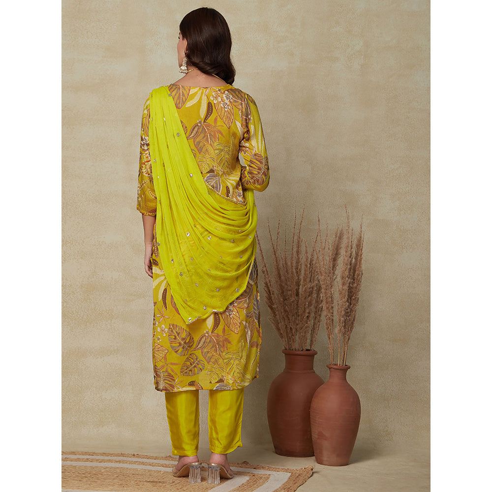 FASHOR Floral Printed Kurta with Pant & Dupatta- Yellow (Set of 3)