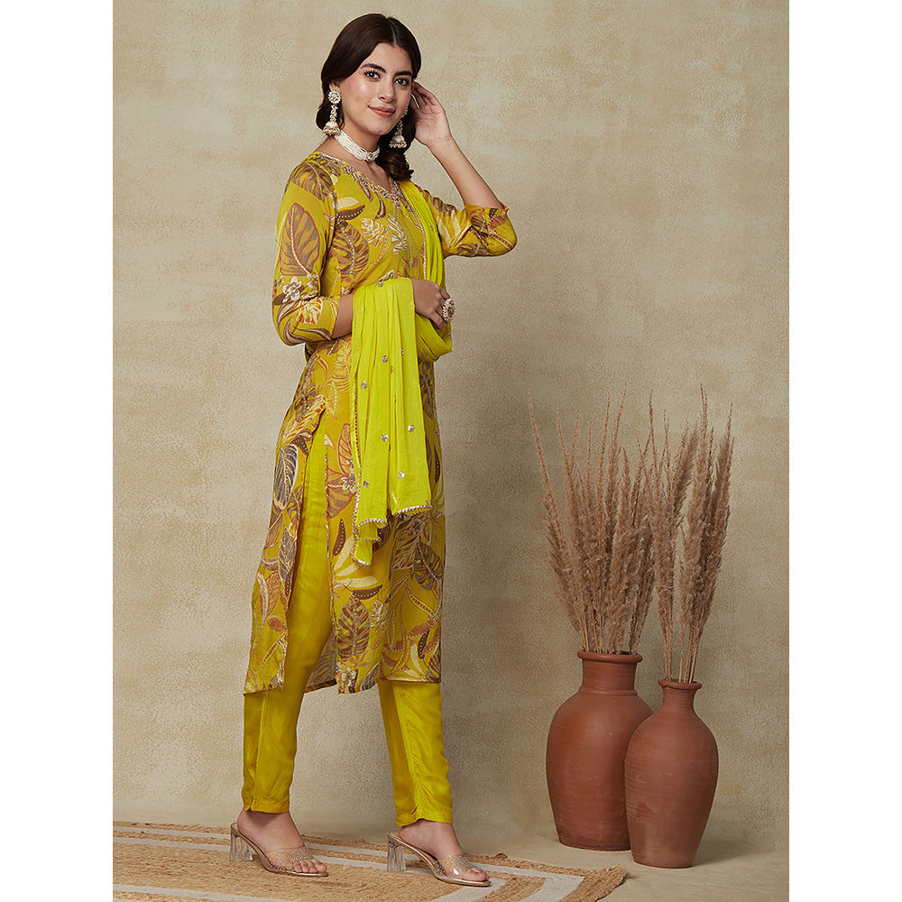 FASHOR Floral Printed Kurta with Pant & Dupatta- Yellow (Set of 3)