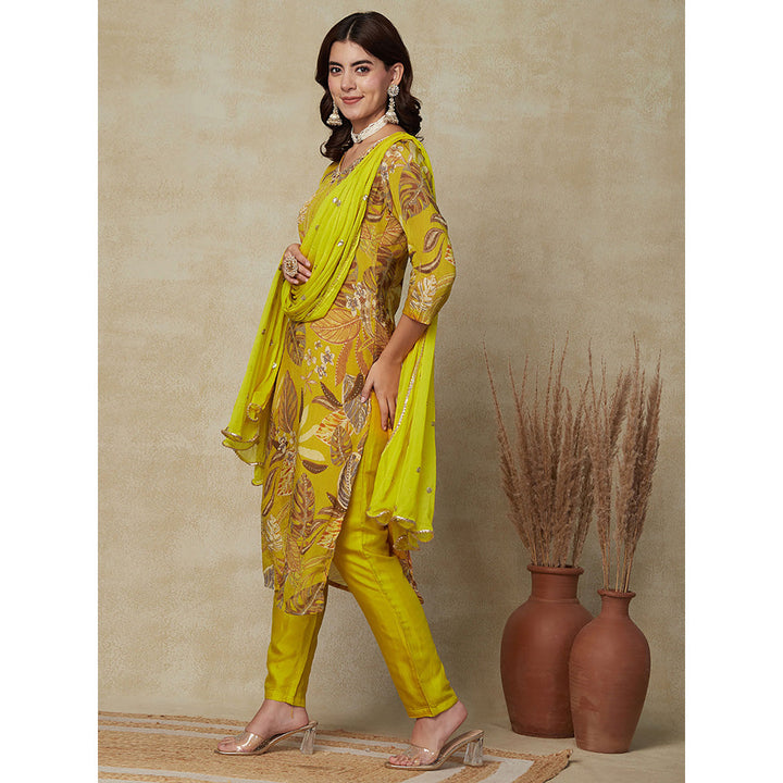 FASHOR Floral Printed Kurta with Pant & Dupatta- Yellow (Set of 3)