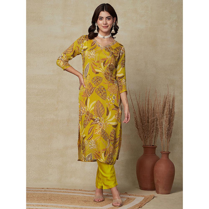 FASHOR Floral Printed Kurta with Pant & Dupatta- Yellow (Set of 3)