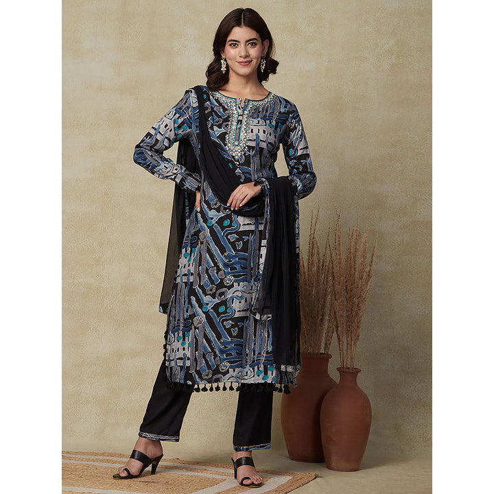 FASHOR Abstract Printed Kurta with Pants & Dupatta- Black (Set of 3)