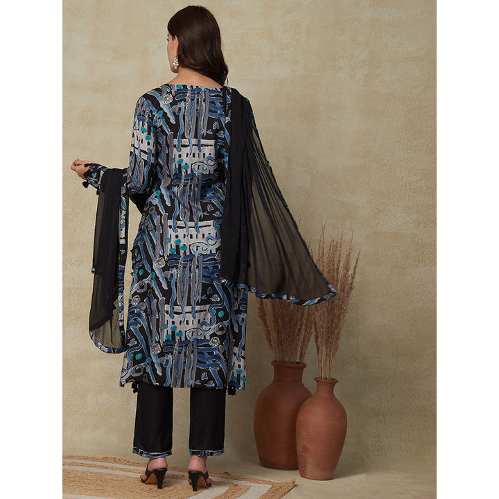 FASHOR Abstract Printed Kurta with Pants & Dupatta- Black (Set of 3)