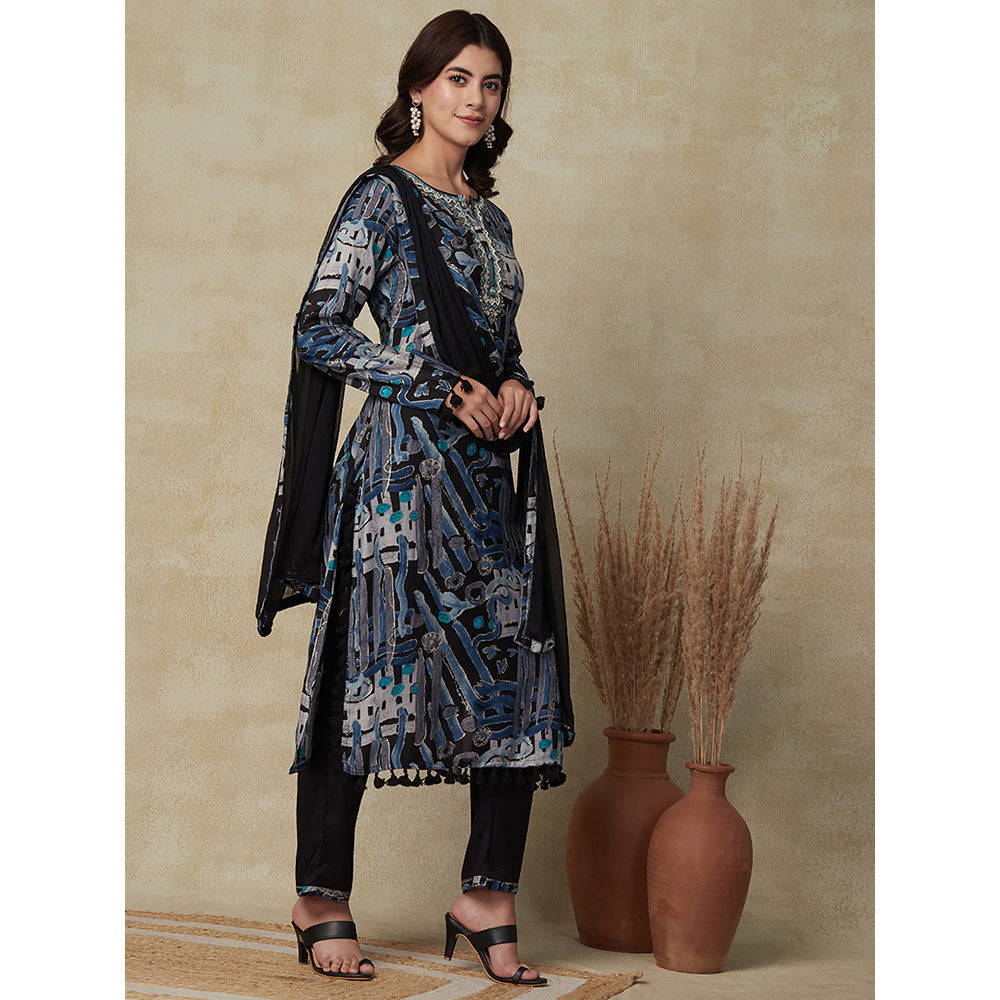 FASHOR Abstract Printed Kurta with Pants & Dupatta- Black (Set of 3)