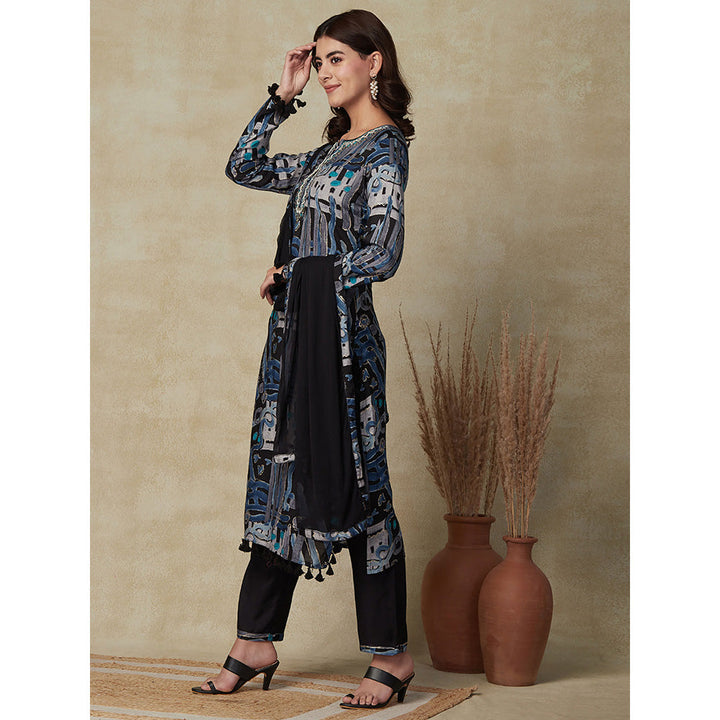 FASHOR Abstract Printed Kurta with Pants & Dupatta- Black (Set of 3)