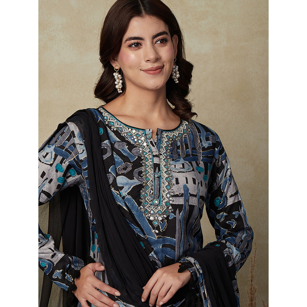 FASHOR Abstract Printed Kurta with Pants & Dupatta- Black (Set of 3)