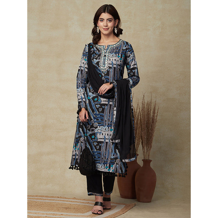 FASHOR Abstract Printed Kurta with Pants & Dupatta- Black (Set of 3)