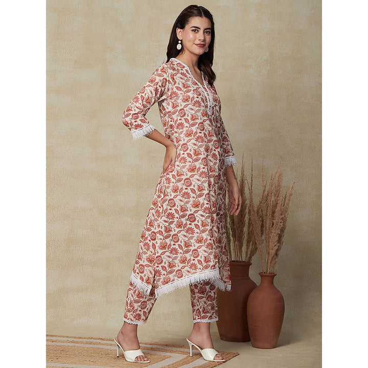 FASHOR Floral Printed A-Line Kurta with Pant- Off White (Set of 2)