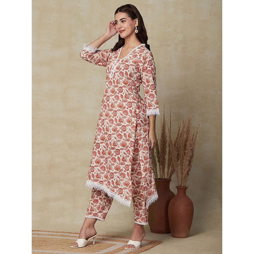 FASHOR Floral Printed A-Line Kurta with Pant- Off White (Set of 2)