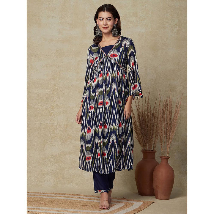 FASHOR Abstract Printed Kurta with Inner & Pants- Blue (Set of 3)