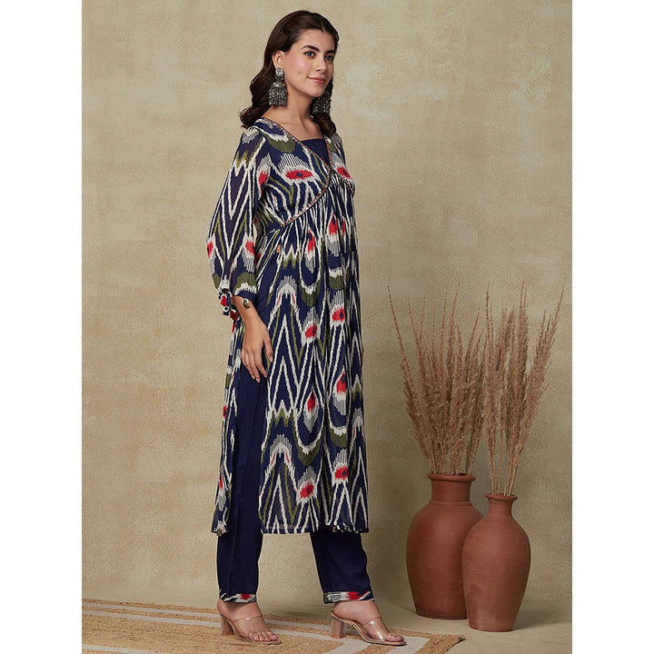 FASHOR Abstract Printed Kurta with Inner & Pants- Blue (Set of 3)