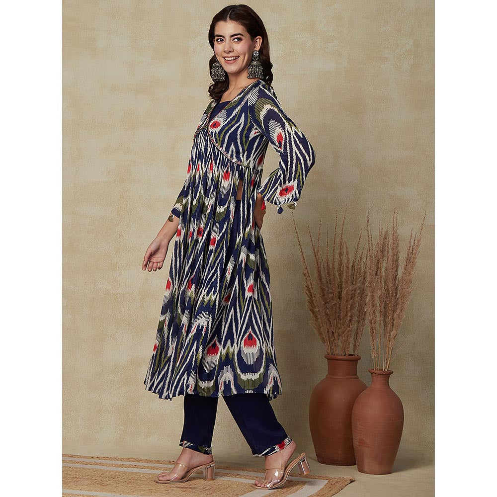 FASHOR Abstract Printed Kurta with Inner & Pants- Blue (Set of 3)