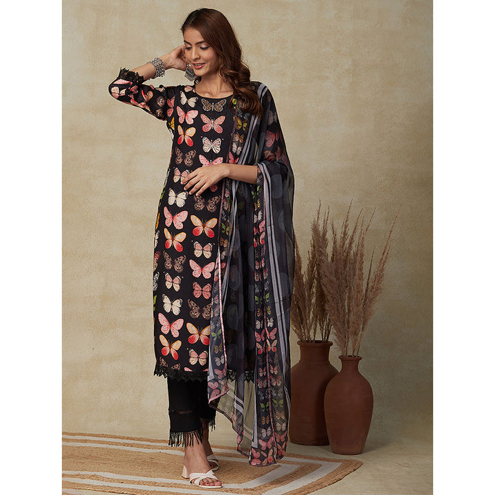 FASHOR Butterfly Printed Kurta with Dupatta- Black (Set of 2)