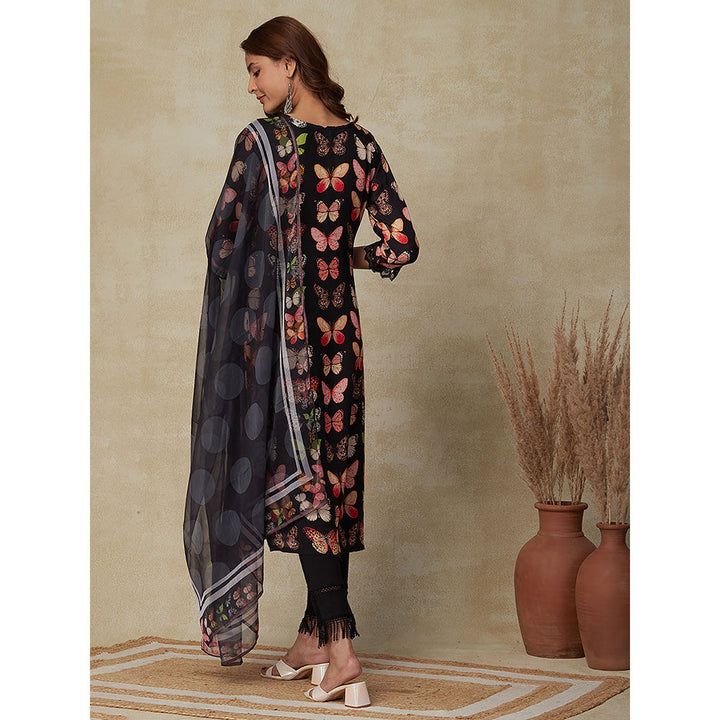 FASHOR Butterfly Printed Kurta with Dupatta- Black (Set of 2)