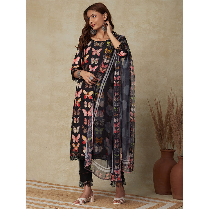 FASHOR Butterfly Printed Kurta with Dupatta- Black (Set of 2)