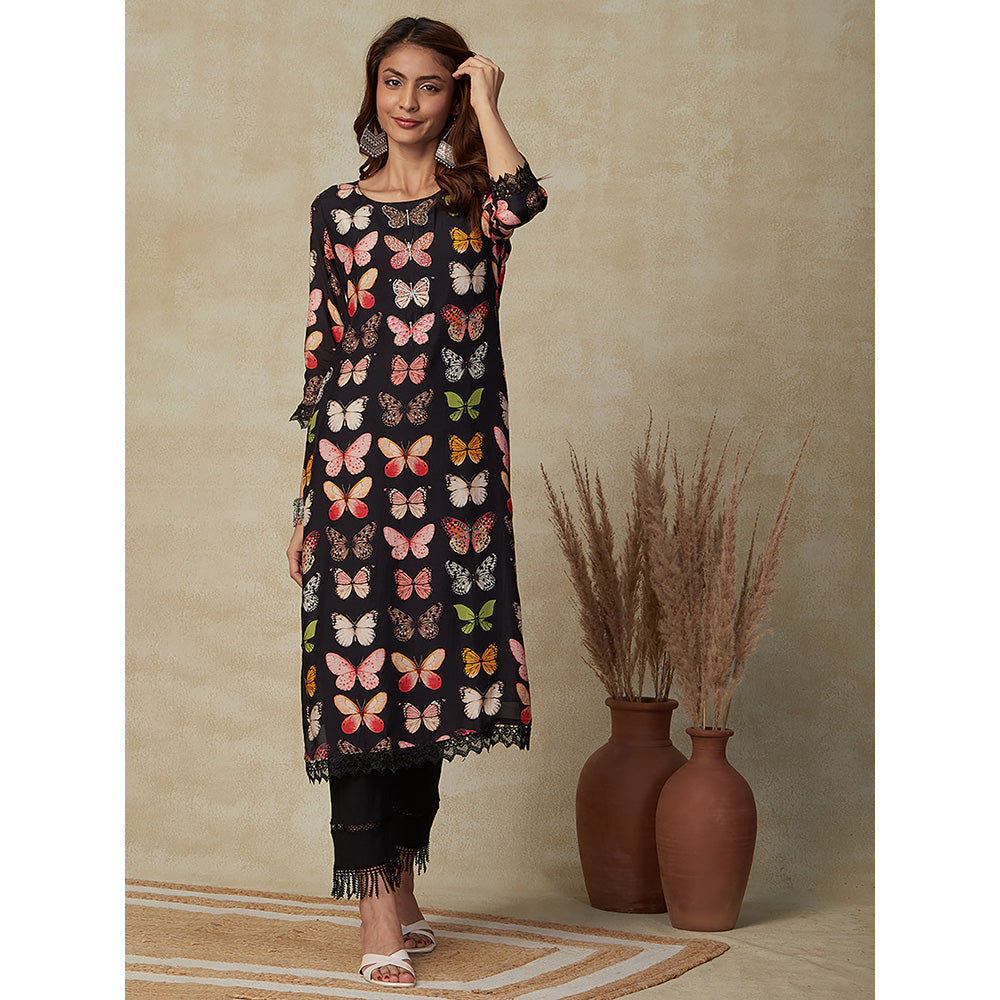 FASHOR Butterfly Printed Kurta with Dupatta- Black (Set of 2)