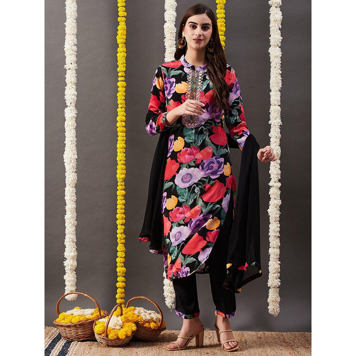 FASHOR Floral Printed Kurta with Pant & Dupatta - Black (Set of 3)