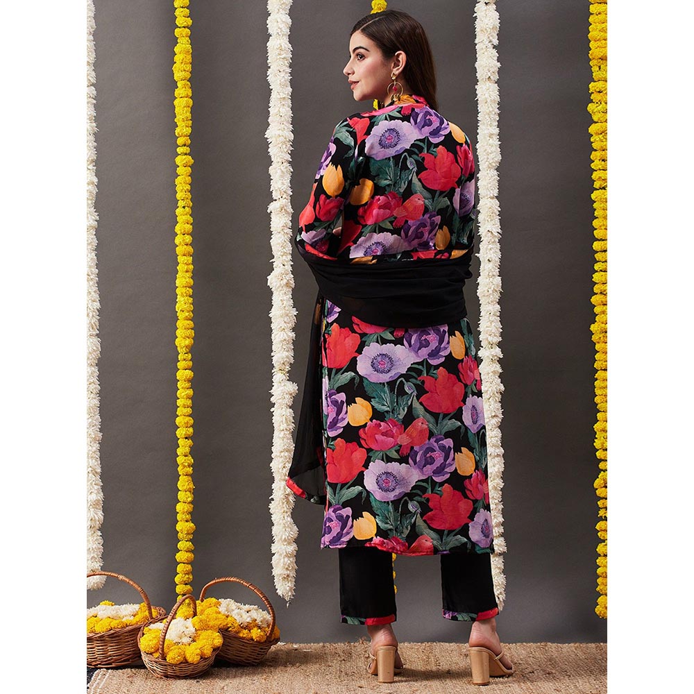 FASHOR Floral Printed Kurta with Pant & Dupatta - Black (Set of 3)