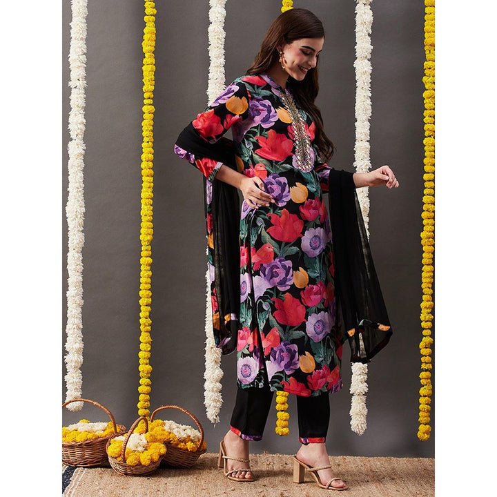 FASHOR Floral Printed Kurta with Pant & Dupatta - Black (Set of 3)