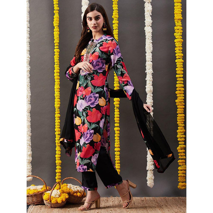 FASHOR Floral Printed Kurta with Pant & Dupatta - Black (Set of 3)