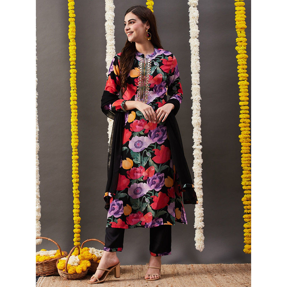 FASHOR Floral Printed Kurta with Pant & Dupatta - Black (Set of 3)