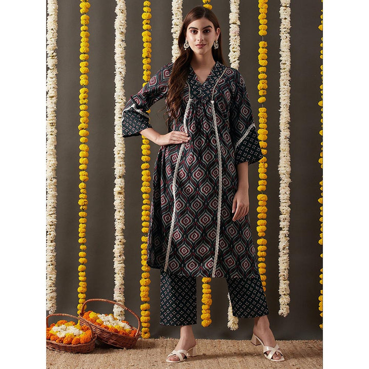 FASHOR Ethnic Printed Kurta with Pant - Dark Green (Set of 2)