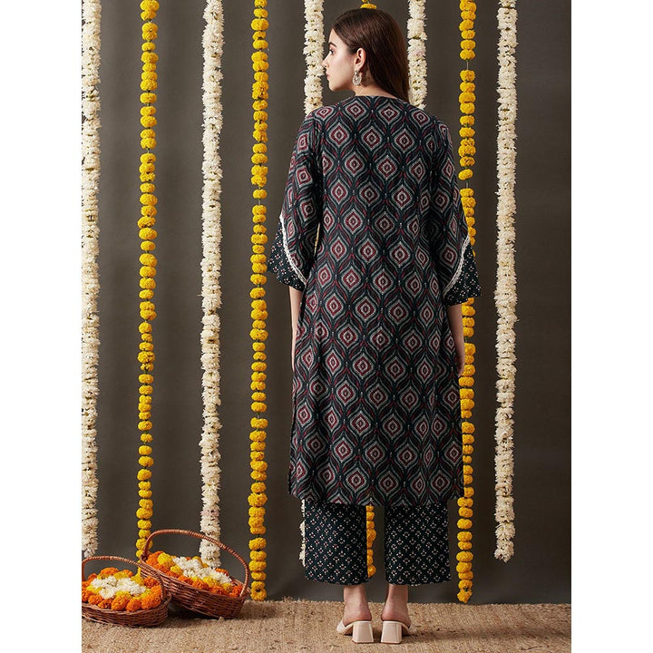 FASHOR Ethnic Printed Kurta with Pant - Dark Green (Set of 2)