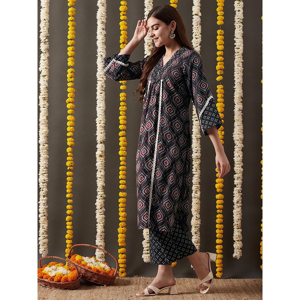 FASHOR Ethnic Printed Kurta with Pant - Dark Green (Set of 2)