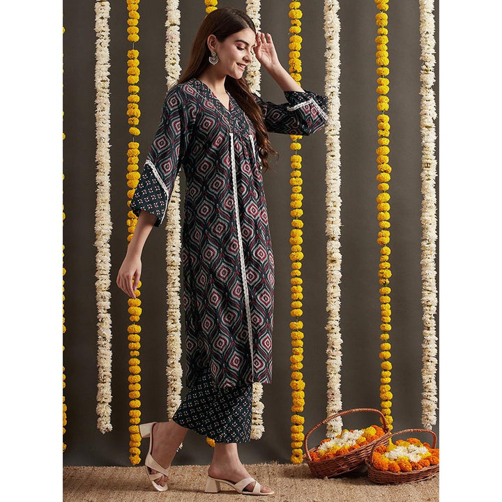 FASHOR Ethnic Printed Kurta with Pant - Dark Green (Set of 2)