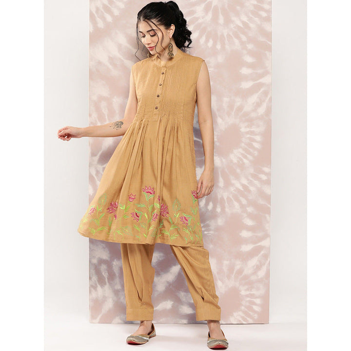 FASHOR Solid Floral Embroidered Kurta with Pant - Brown (Set of 2)