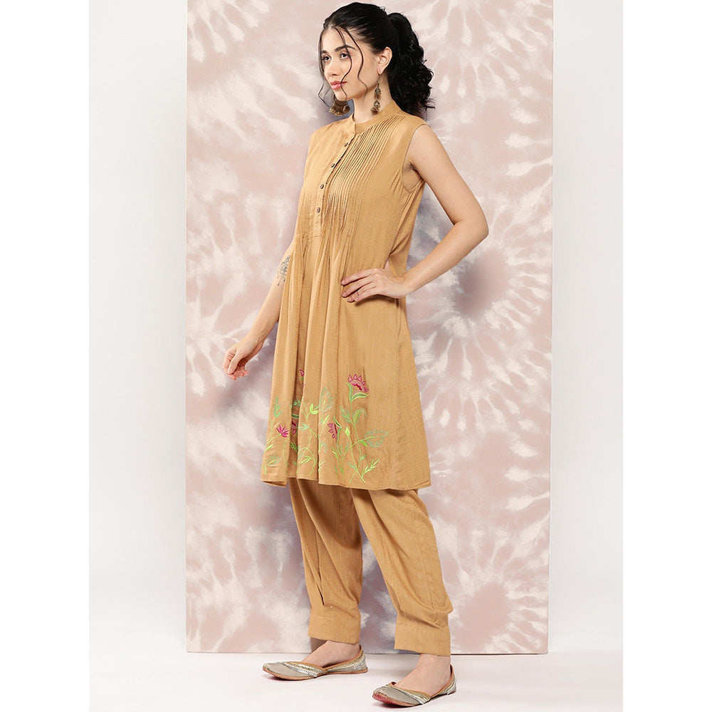 FASHOR Solid Floral Embroidered Kurta with Pant - Brown (Set of 2)