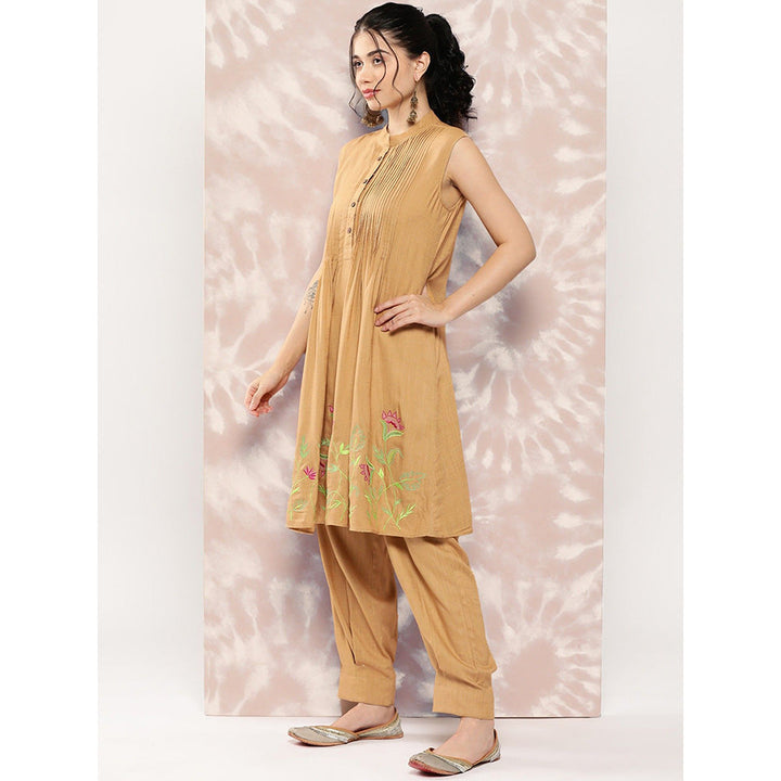 FASHOR Solid Floral Embroidered Kurta with Pant - Brown (Set of 2)