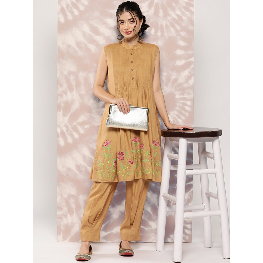 FASHOR Solid Floral Embroidered Kurta with Pant - Brown (Set of 2)