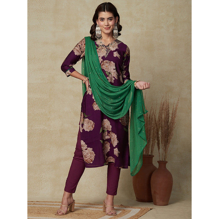 FASHOR Foil Printed Embroidered Kurta with Dupatta & Pant - Violet (Set of 3)