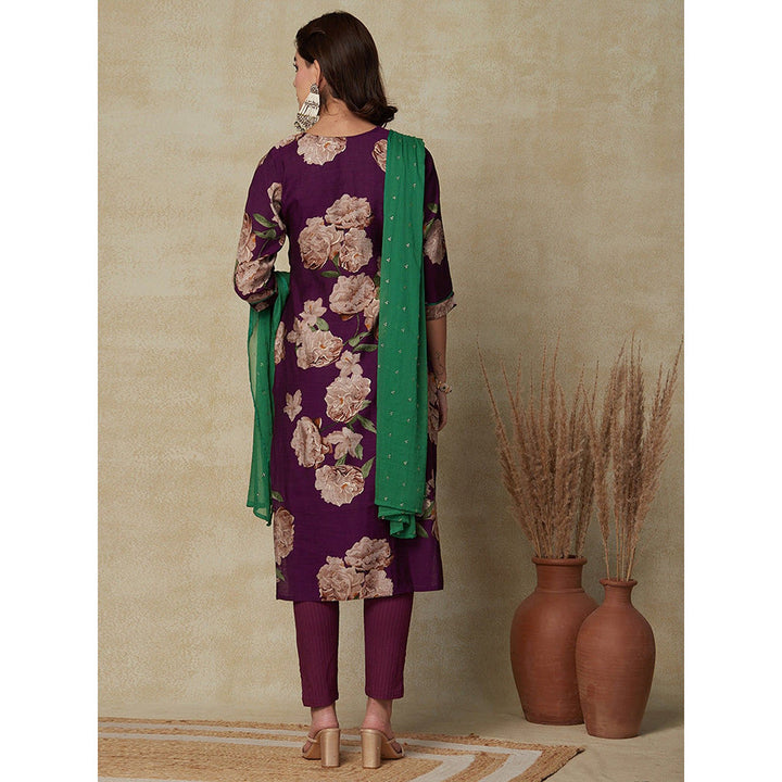 FASHOR Foil Printed Embroidered Kurta with Dupatta & Pant - Violet (Set of 3)