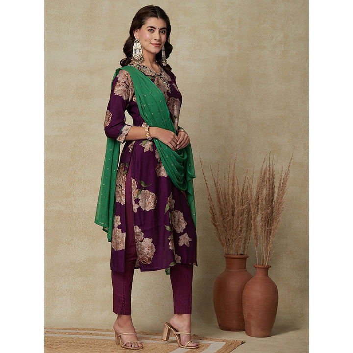 FASHOR Foil Printed Embroidered Kurta with Dupatta & Pant - Violet (Set of 3)