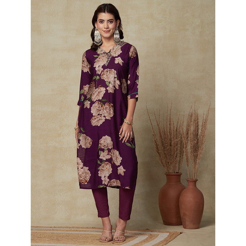 FASHOR Foil Printed Embroidered Kurta with Dupatta & Pant - Violet (Set of 3)