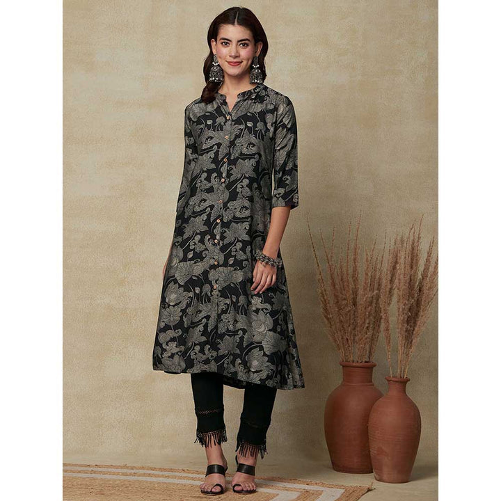 FASHOR Ethnic Printed A-Line Kurta - Black