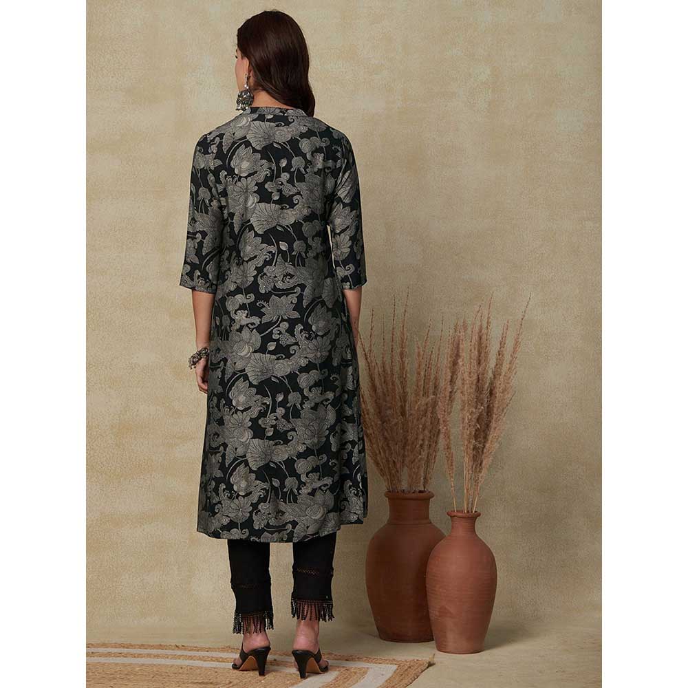 FASHOR Ethnic Printed A-Line Kurta - Black