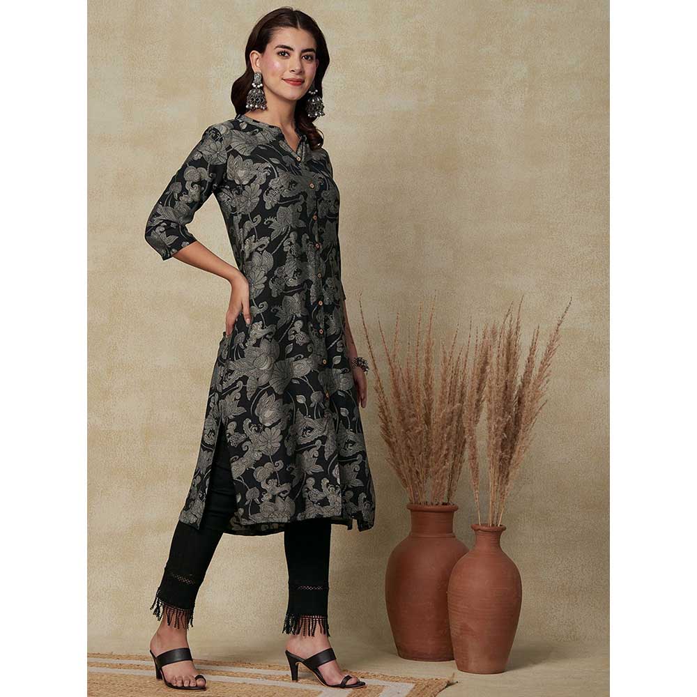 FASHOR Ethnic Printed A-Line Kurta - Black