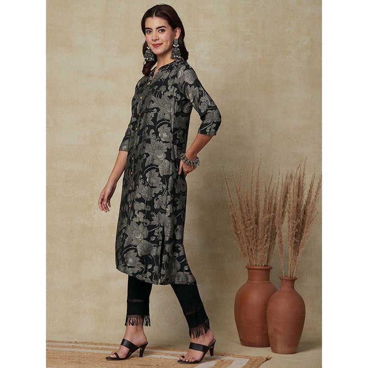 FASHOR Ethnic Printed A-Line Kurta - Black