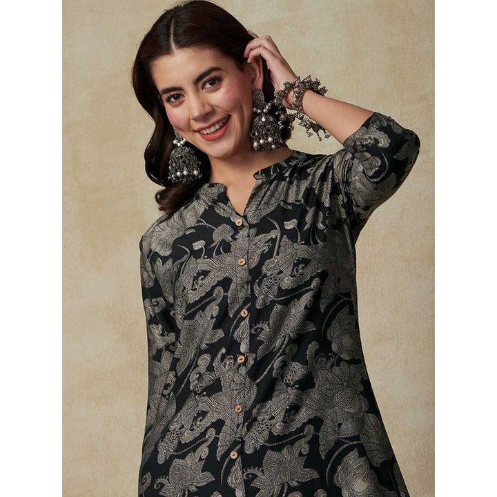 FASHOR Ethnic Printed A-Line Kurta - Black